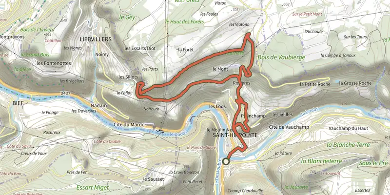 Carte du tracé de Grotte du Bisontin sur le Plan IGN, départ et points de passage numérotés