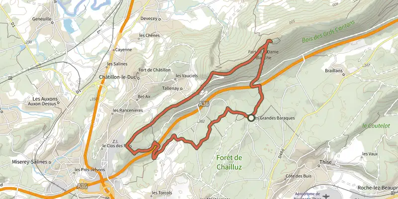 Carte du tracé de Dame Blanche et Vieux Tilleul sur le Plan IGN, départ et points de passage numérotés