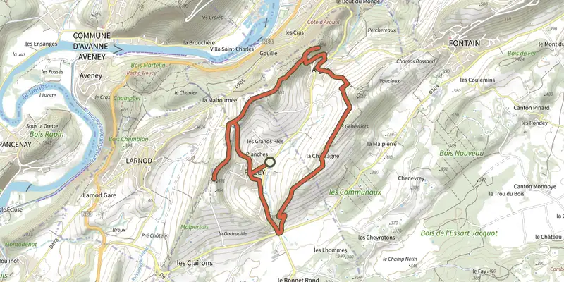 Map of the Les Grands Prés track on the IGN map, with the start and numbered waypoints