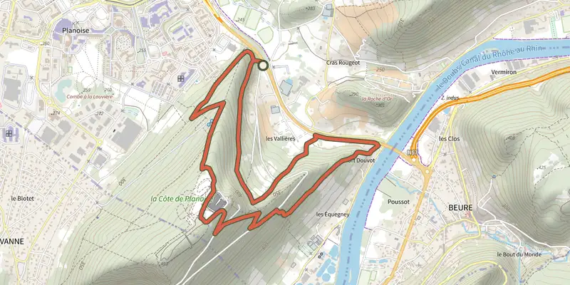Carte du tracé de Colline de Planoise sur le Plan IGN, départ et points de passage numérotés