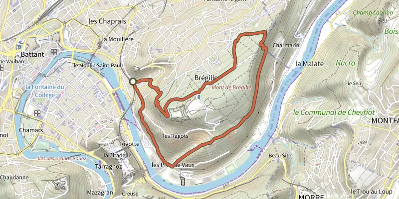 Map of the Fort de Bregille track on the IGN map, with the start and numbered waypoints