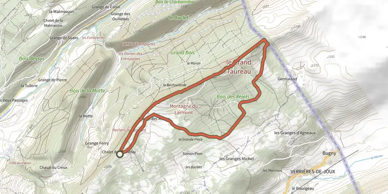 Carte du tracé de Le Grand Taureau sur le Plan IGN, départ et points de passage numérotés