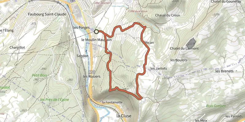Map of the Le Fer à Cheval (Variante) track on the IGN map, with the start and numbered waypoints