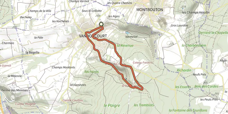 Map of the Découverte de Vandoncourt track on the IGN map, with the start and numbered waypoints