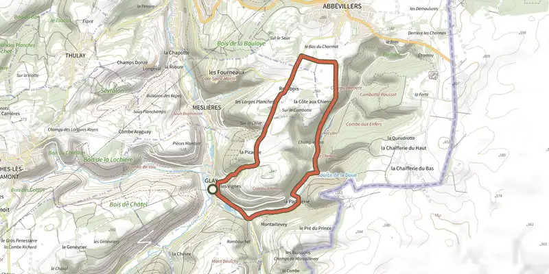 Map of the Moulin de la Doue track on the IGN map, with the start and numbered waypoints