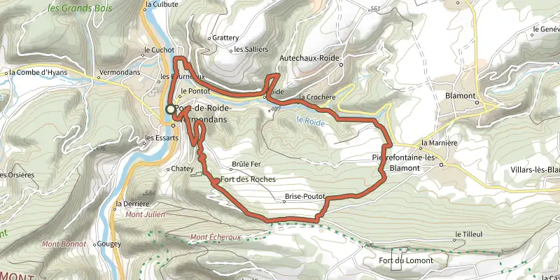 Carte du tracé de Brisepoutot et la Batterie des Roches sur le Plan IGN, départ et points de passage numérotés