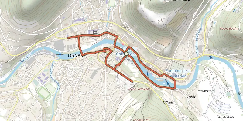 Map of the Sentier Courbet 1 : Ornans et l'enfant du pays track on the IGN map, with the start and numbered waypoints