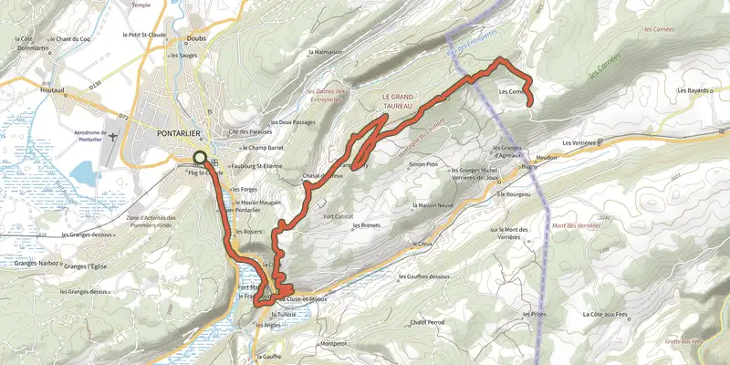 Map of the Sentier Pédestre de l'Absinthe track on the IGN map, with the start and numbered waypoints
