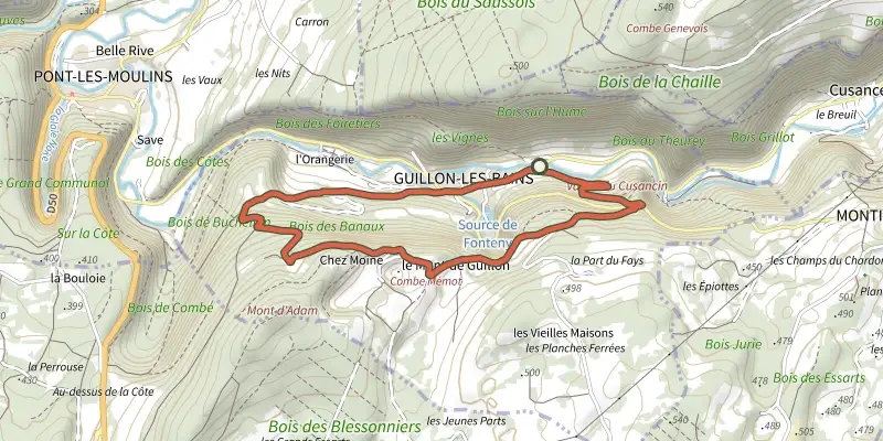 Carte du tracé de Mont de Guillon sur le Plan IGN, départ et points de passage numérotés