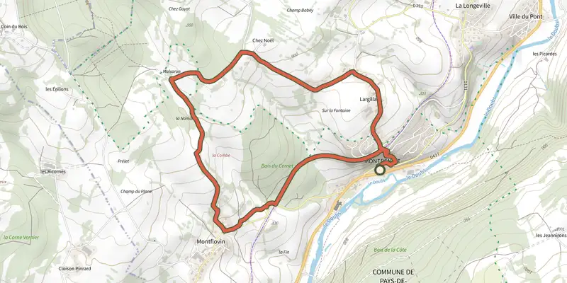 Carte du tracé de Malsaron sur le Plan IGN, départ et points de passage numérotés