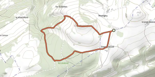 Tracé de Crêt Monniot sur la carte OpenTopoMap