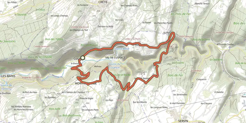 Map of the Val de Cusance (variante par la Croix de Saint-Erminfroid) track on the IGN map, with the start and numbered waypoints