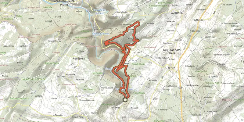 Carte du tracé de Source de la Loue et Aiguillons de Brasse sur le Plan IGN, départ et points de passage numérotés