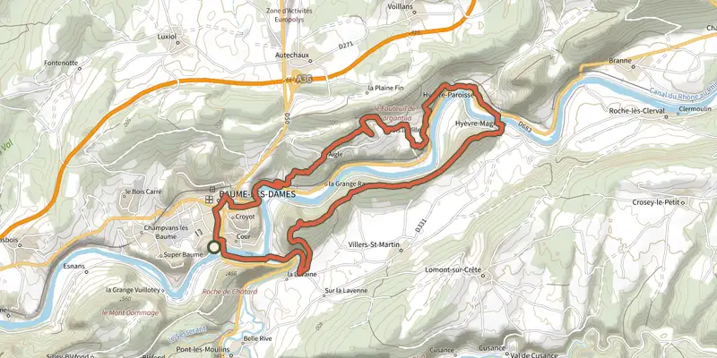 Map of the Vallée du Doubs track on the IGN map, with the start and numbered waypoints