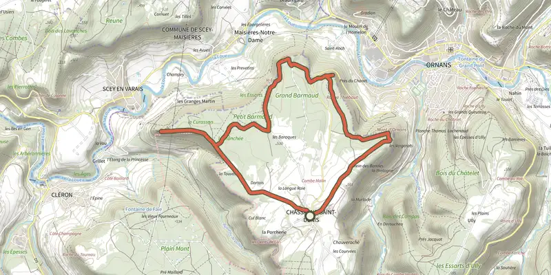 Map of the Castel-Saint-Denis track on the IGN map, with the start and numbered waypoints