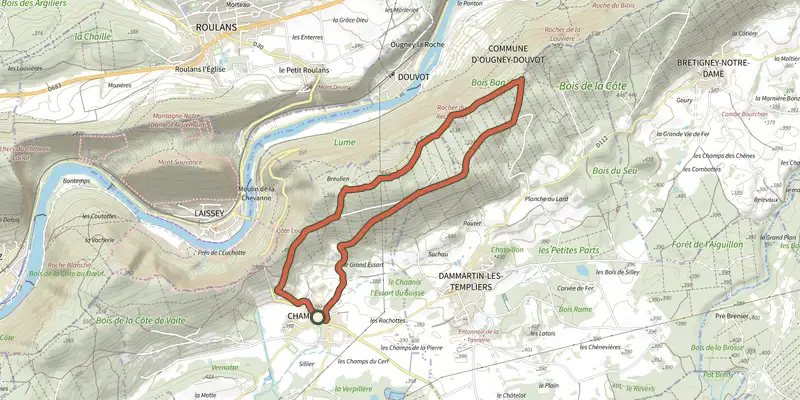 Map of the Sentier des crêtes track on the IGN map, with the start and numbered waypoints