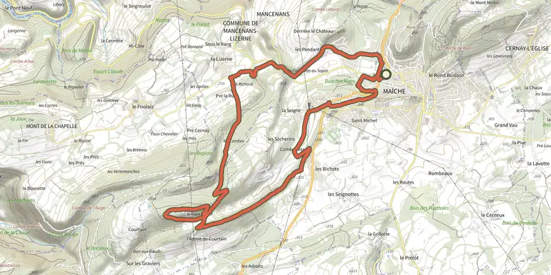 Carte du tracé de Par le Faux Verger sur le Plan IGN, départ et points de passage numérotés