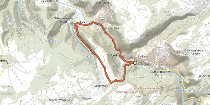 Map of the Vignes de Croux track on the IGN map, with the start and numbered waypoints