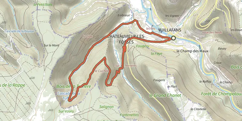 Carte du tracé de Source Bleue sur le Plan IGN, départ et points de passage numérotés