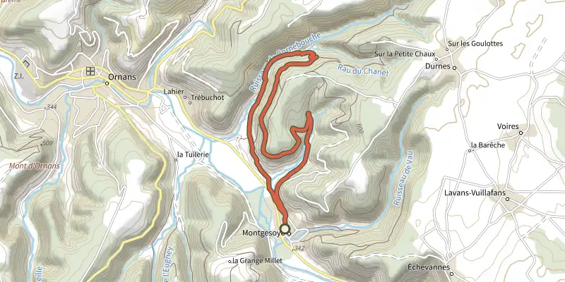 Map of the Ruisseau de Cornebouche track on the IGN map, with the start and numbered waypoints