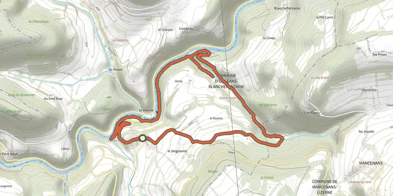Carte du tracé de Waroly sur le Plan IGN, départ et points de passage numérotés
