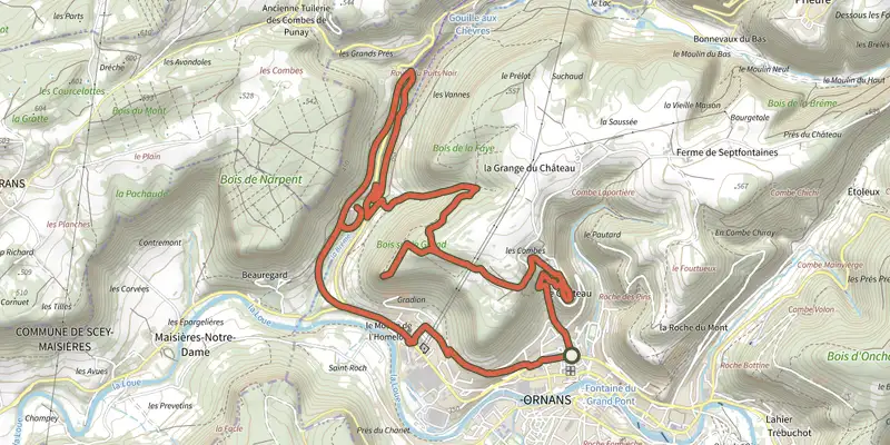 Carte du tracé de Puits de la Brême sur le Plan IGN, départ et points de passage numérotés