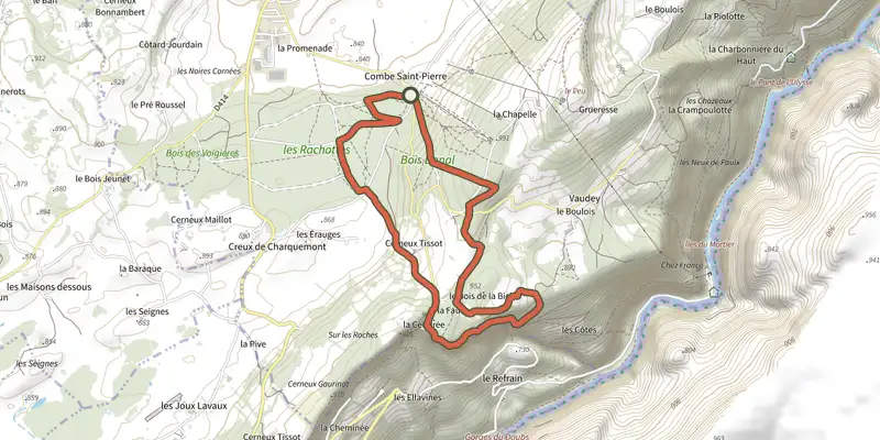 Map of the La Cendrée track on the IGN map, with the start and numbered waypoints