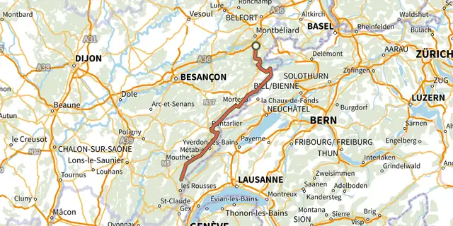 The Grande Traversée du Jura VTT track on the IGN map