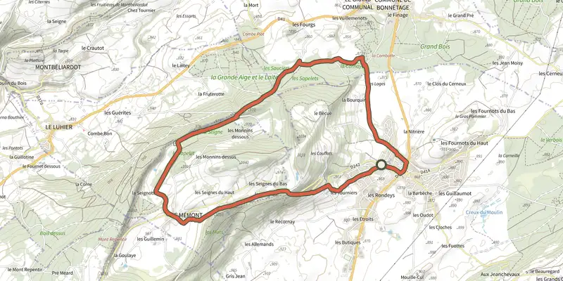 Carte du tracé de Le Mémont sur le Plan IGN, départ et points de passage numérotés