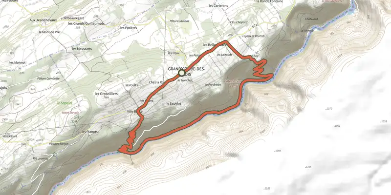 Map of the Les Gorges du Doubs track on the IGN map, with the start and numbered waypoints