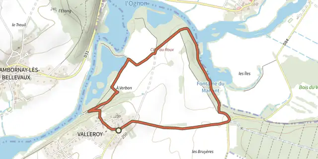 Tracé de Valleroy et les berges de l'Ognon sur le Plan IGN