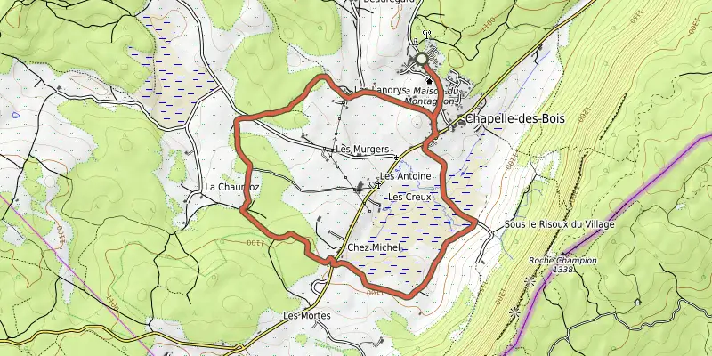 Map of the Chez Michel ou la Tourbière - N° 95 track on OpenTopoMap, with the start and numbered waypoints