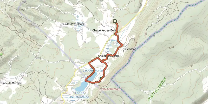 Map of the Les Lacs - N°24 track on the IGN map, with the start and numbered waypoints