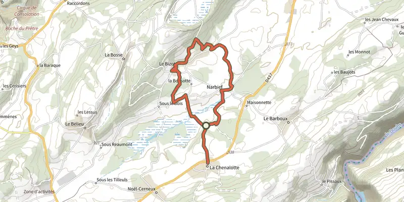 Map of the Bief Noir track on the IGN map, with the start and numbered waypoints