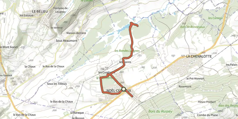 Carte du tracé de Sentier Isenbart sur le Plan IGN, départ et points de passage numérotés