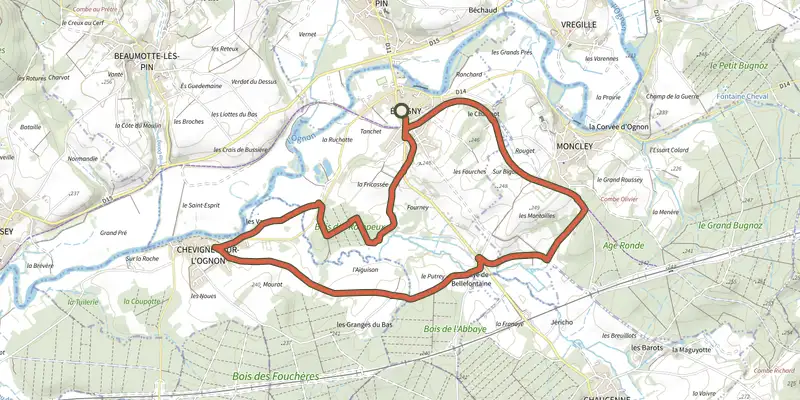 Carte du tracé de Tour des Rompeux sur le Plan IGN, départ et points de passage numérotés
