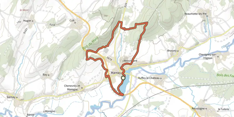 Map of the Balade Marnaysienne track on the IGN map, with the start and numbered waypoints
