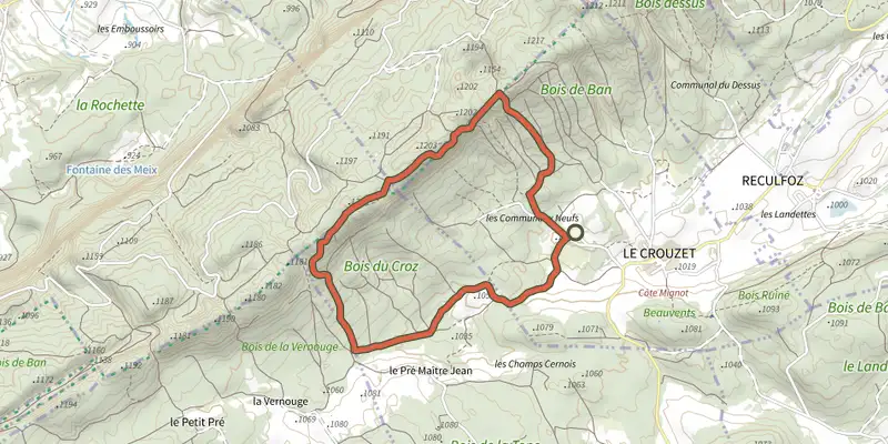 Map of the Le Croz track on the IGN map, with the start and numbered waypoints