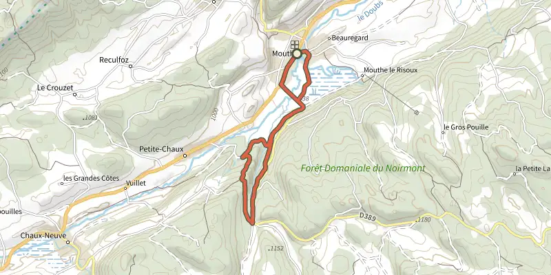Carte du tracé de Les Roches sur le Plan IGN, départ et points de passage numérotés