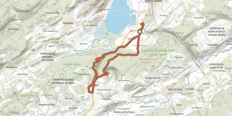Carte du tracé de Belvédère des Deux Lacs sur le Plan IGN, départ et points de passage numérotés