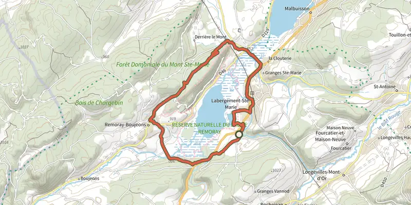 Map of the Lac de Remoray track on the IGN map, with the start and numbered waypoints