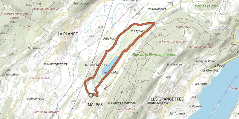 Carte du tracé de Tour du Lac de Malpas sur le Plan IGN, départ et points de passage numérotés