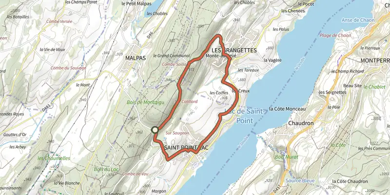 Carte du tracé de Ronde des 2 Villages sur le Plan IGN, départ et points de passage numérotés