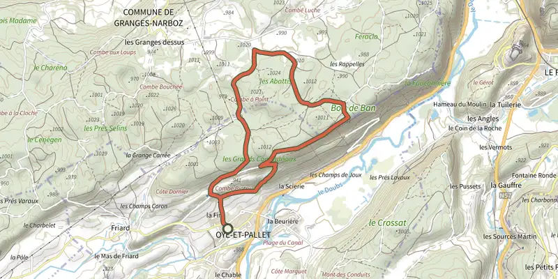 Carte du tracé de Grands communaux sur le Plan IGN, départ et points de passage numérotés