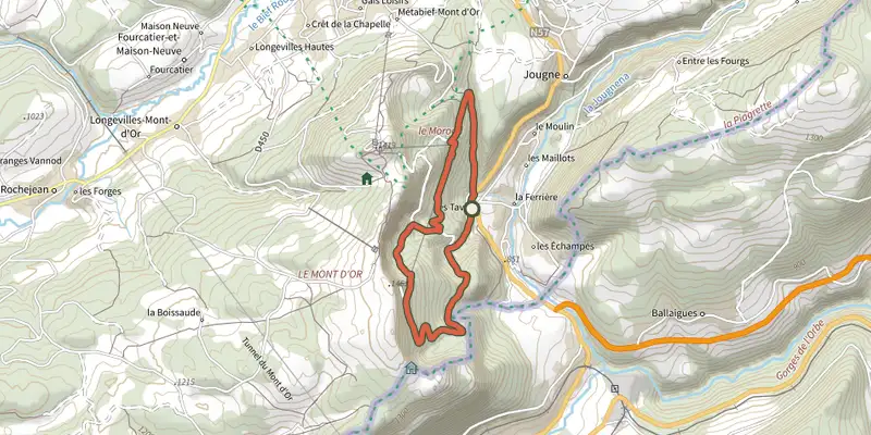 Carte du tracé de Sous les falaises du Mont d'Or sur le Plan IGN, départ et points de passage numérotés