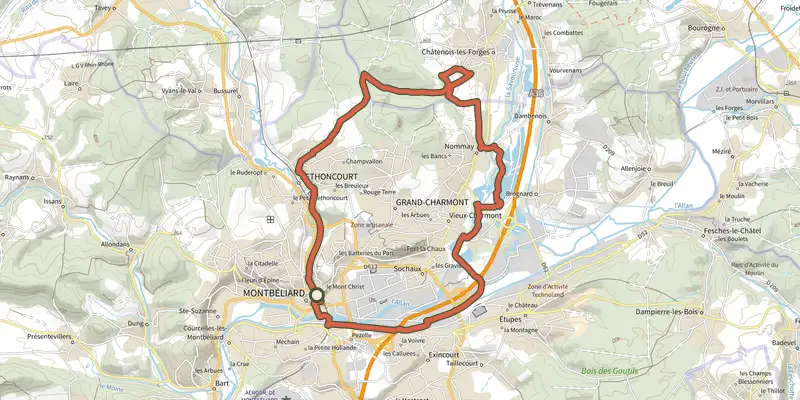 Map of the Savoure Montbéliard track on OpenTopoMap, with the start and numbered waypoints
