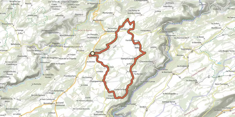 Carte du tracé de Allumer la Maîche sur le Plan IGN, départ et points de passage numérotés
