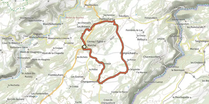 Map of the Sur un plateau track on the IGN map, with the start and numbered waypoints