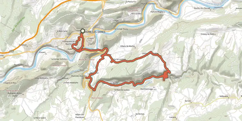 Map of the Retour aux Sources track on the IGN map, with the start and numbered waypoints