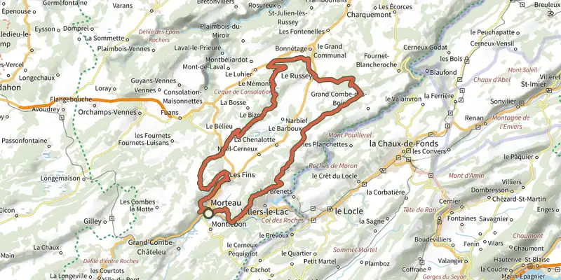 Carte du tracé de La Morteau dans l’âme sur le Plan IGN, départ et points de passage numérotés
